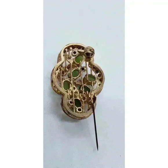 Vintage Brooch Jade 10k Gold Filled Rhinestone Accents art deco Flower Leaves - Picture 3 of 13